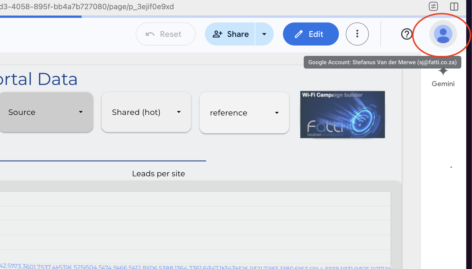 Data Studio toolbar with the Google profile icon circled in the top-right corner and an account email tooltip visible